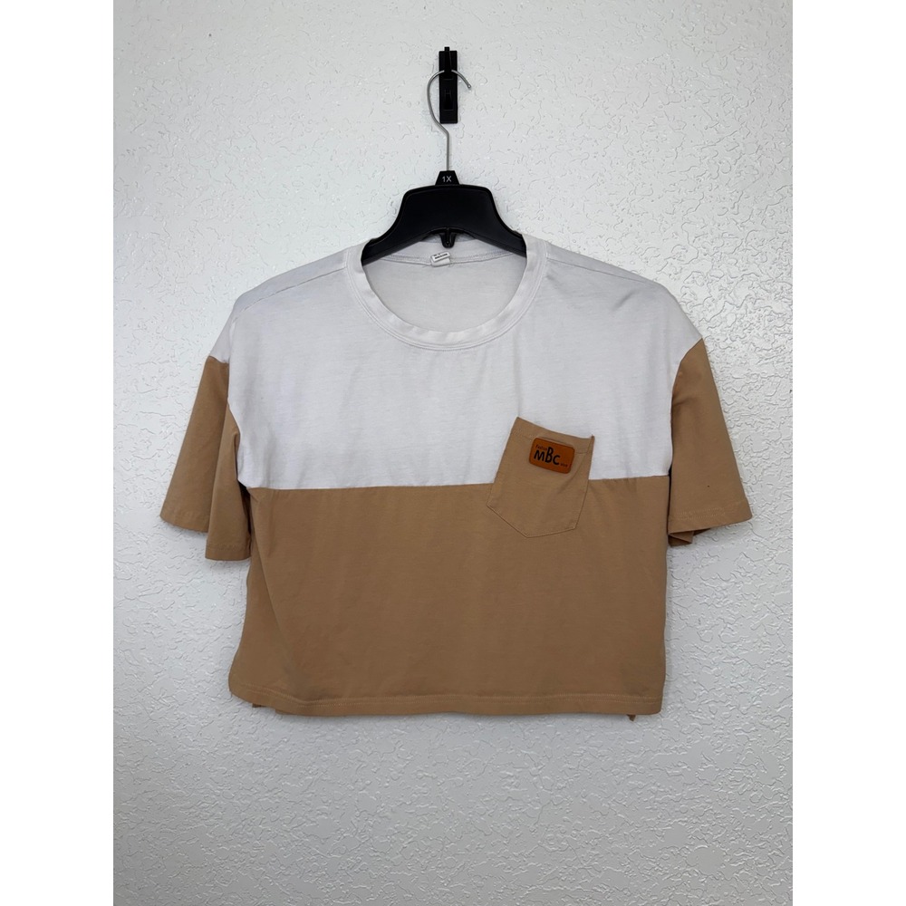 MBC Color Block Crop Top White Tan Short‎ Sleeve Casual T Shirt Women's Small